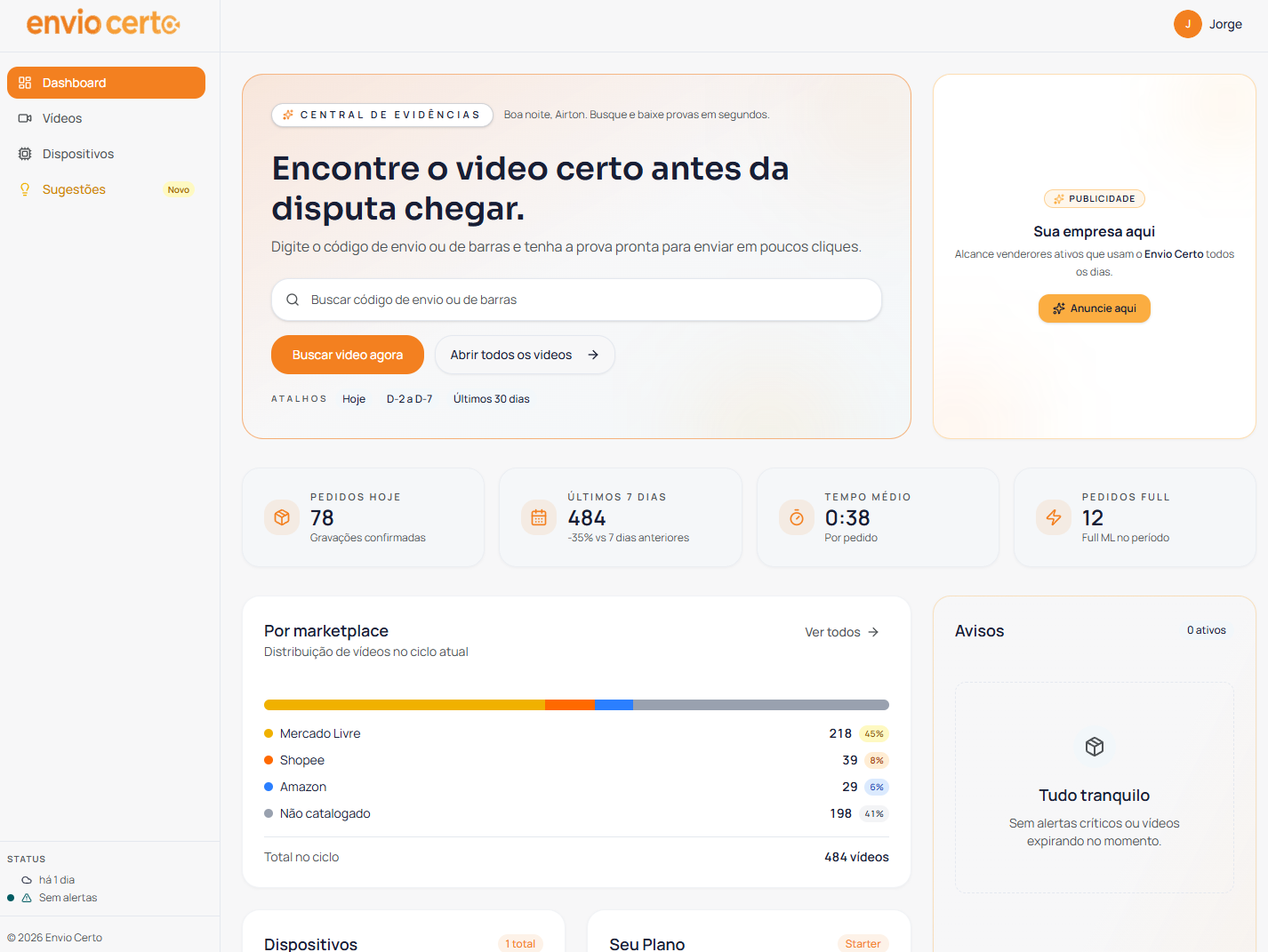 Screenshot do portal Envio Certo — dashboard com listagem de vídeos e busca por pedido